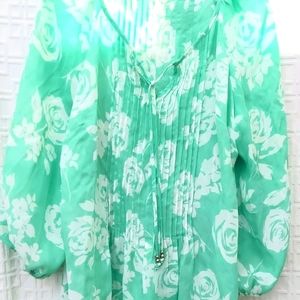 NWT Charter Club Pintuck Blouse Green White 2X